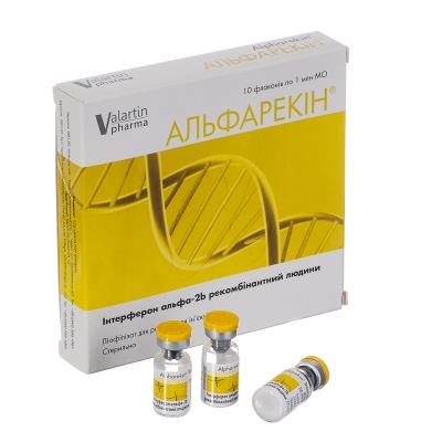 АЛЬФАРЕКІН® ліофілізат для розчину для ін'єкцій по 1 млн МО; 10 флаконів з ліофілізатом у пластиковій касеті; по 1 пластиковій касеті в картонній коробці